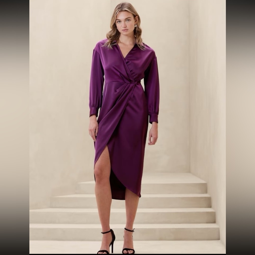 Banana Republic Satin Collar Cross Over Midi Dress  Silky Cocktail Petite 0 NWT